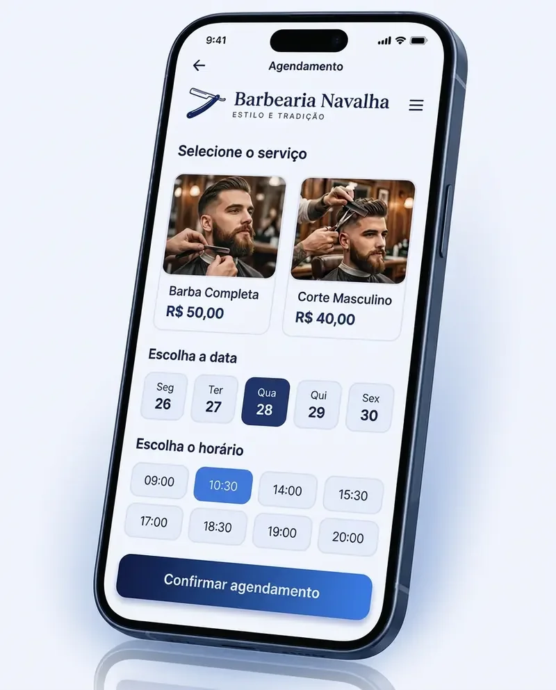 Aplicativo de agendamento online com link próprio para clientes de salão de beleza e barbearia