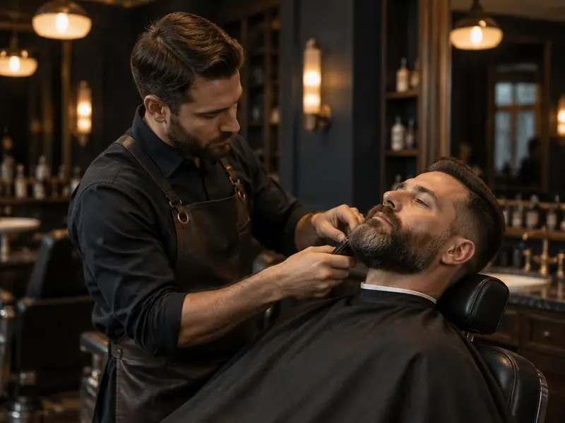 Barbeiro aparando a barba de cliente em barbearia premium