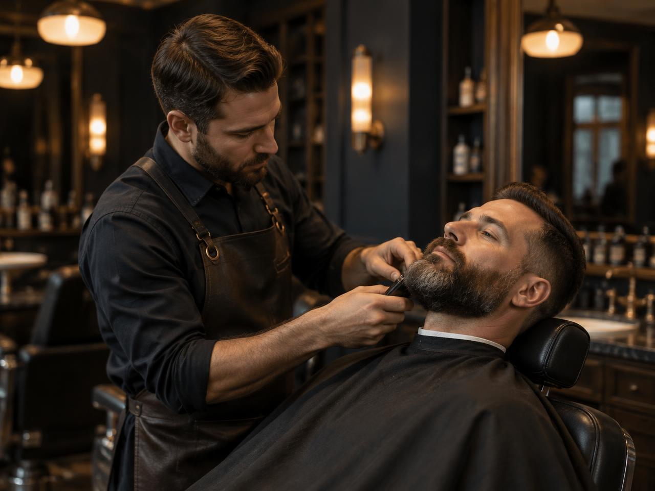 Barbeiro aparando a barba de cliente em barbearia premium